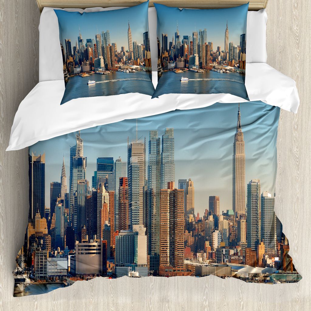 ABAKUHAUS Städtisch Bettbezug, NYC Skyline-Fluss-Landschaft, Milbensicher Allergiker geeignet mit Kissenbezügen, 155 cm x 220 cm - 80 x 80 cm, bl...