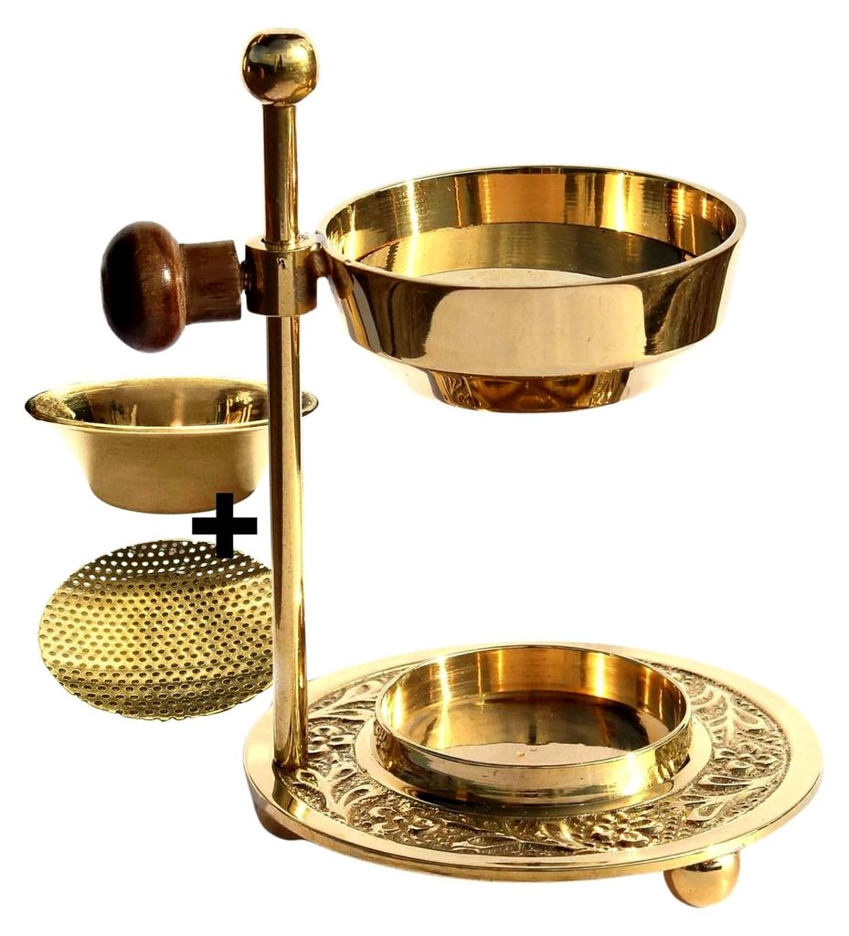 Höhenverstellbarer Weihrauchbrenner - Gold Messing Räuchergefäß zum Räuchern von Weihrauch oder Harzen mit zusätzlichen Einlegeplatten