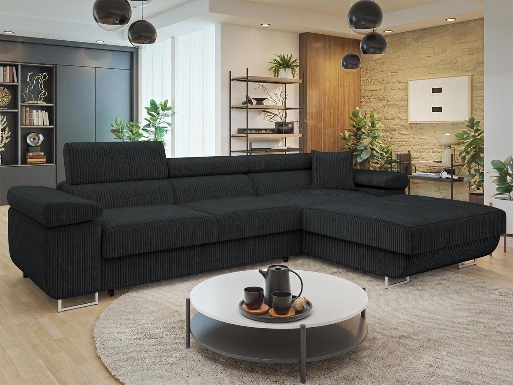 MIRJAN24 Ecksofa Torezio Mini Cord, Stilvoll Eckcouch mit Bettkasten und Schlaffunktion, Einstellbare Kopfstützen, 280x170x70-90 cm (Farbe: Poso 1...
