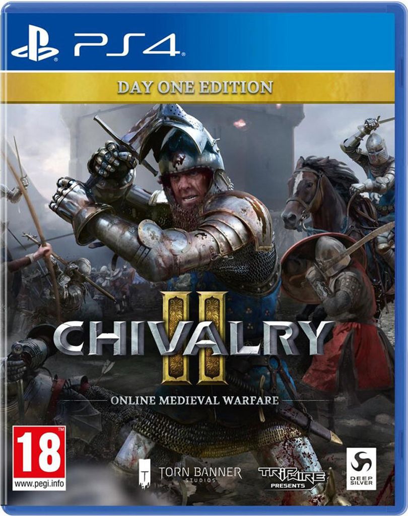 The image shows the front cover of a PlayStation 4 game case for 'Chivalry II: Online Medieval Warfare', Day One Edition.