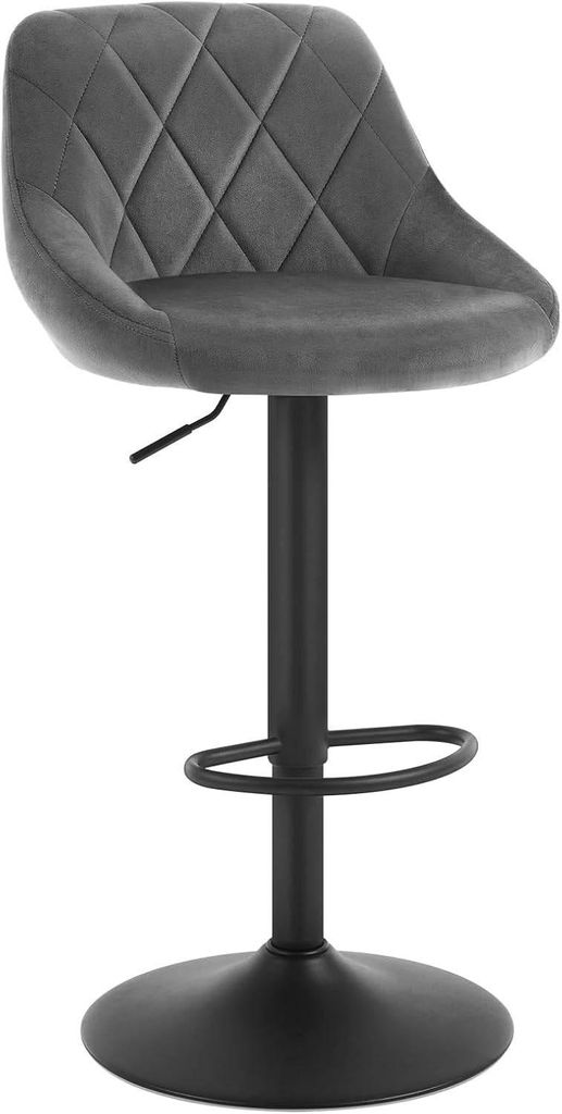 A dark gray bar stool with a diamond-stitched seat and a black adjustable pedestal base.
