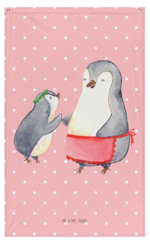 Mr. & Mrs. Panda Wandtuch Pinguin mit Kind - Rot Pastell - Geschenk, Mama, Wandteppich, Danke, Wandschmuck, Muttertag, Wandbehang, Tapestry, Wandbi...