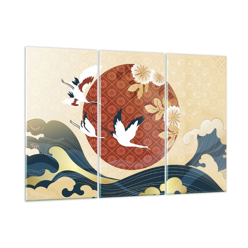 Bilder auf glas - 3 Teile - Reiher Sonne Meer - 105x70cm - Glasbilder - Wandbilder - Bilder - zum Aufhängen bereit - Wanddekoration aus Glas - Gla...