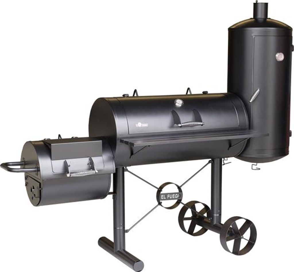A black smoker grill is shown against a white background.