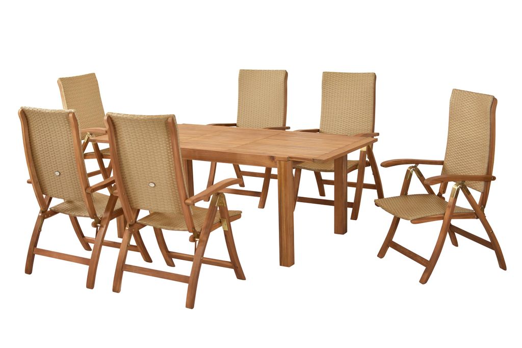Merxx Gartenmöbel Set Capri 7tlg., 6 Klappsessel, Ausziehtisch 150 (200) x 90 cm - Akazie/Kunststoffgeflecht