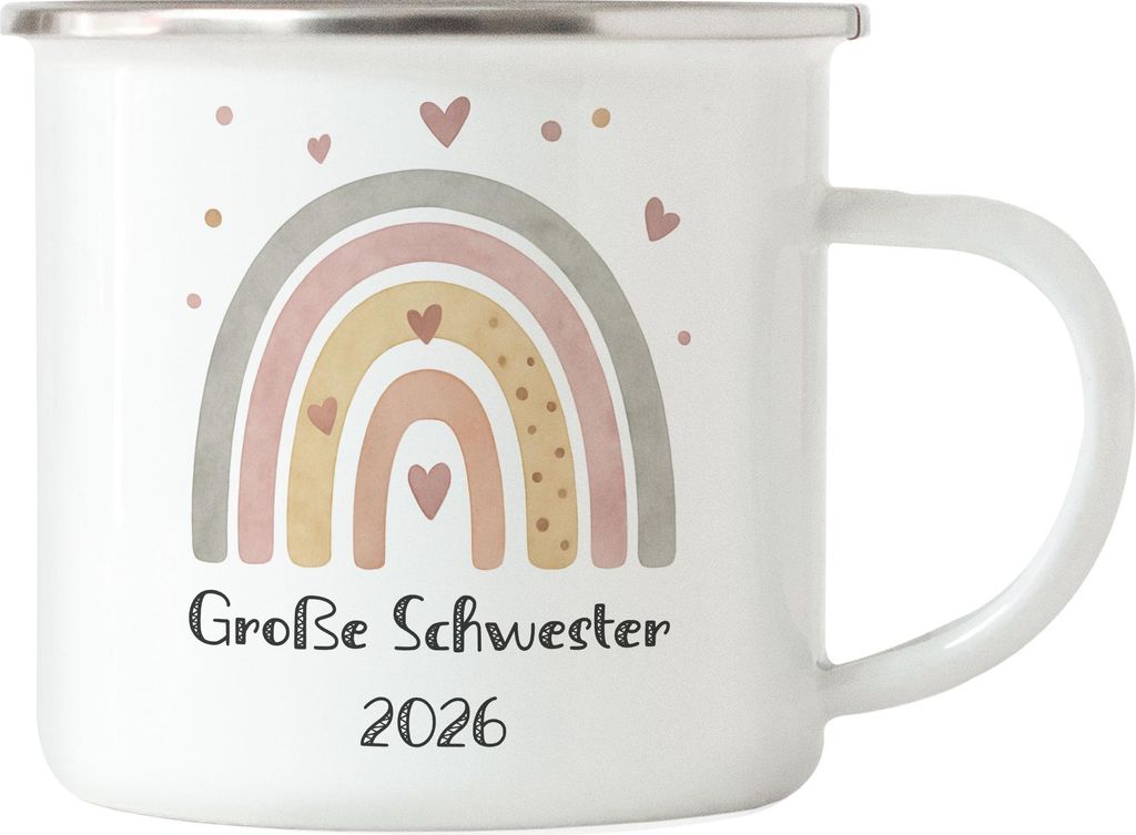 Große Schwester 2026 Boho Regenbogen Motiv Emaille Tasse Geschenk Herz Pastell Vintage Familie Geschwister