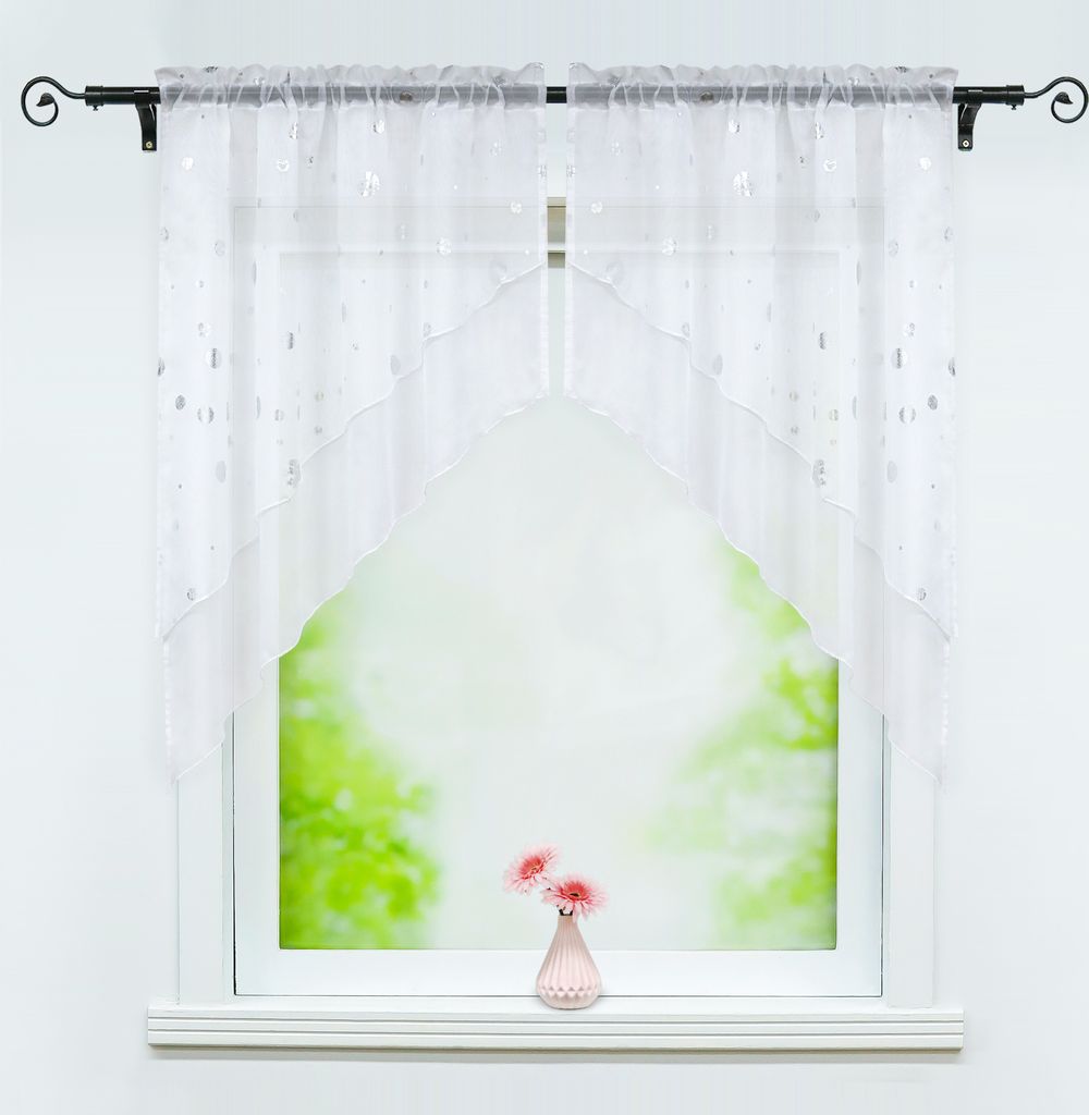Joyswahl Scheibengardine 2-Teilige Voile Bogen Kurzstores Doppelschichtige Küchengardinen mit Glänz Kreise Tunnelzug Silber HxB 125x120 cm