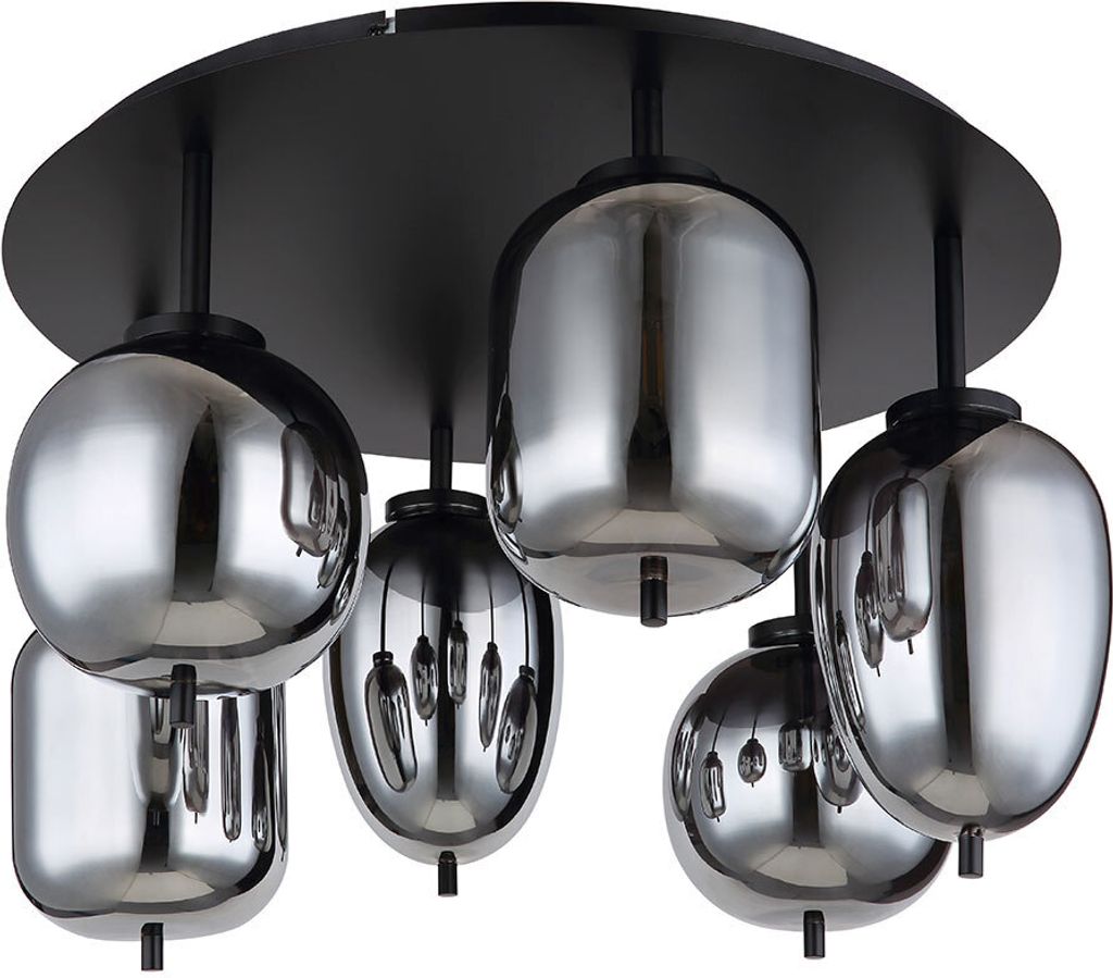 Deckenleuchte, Glas Schwarz, Messing, 6 Flammig