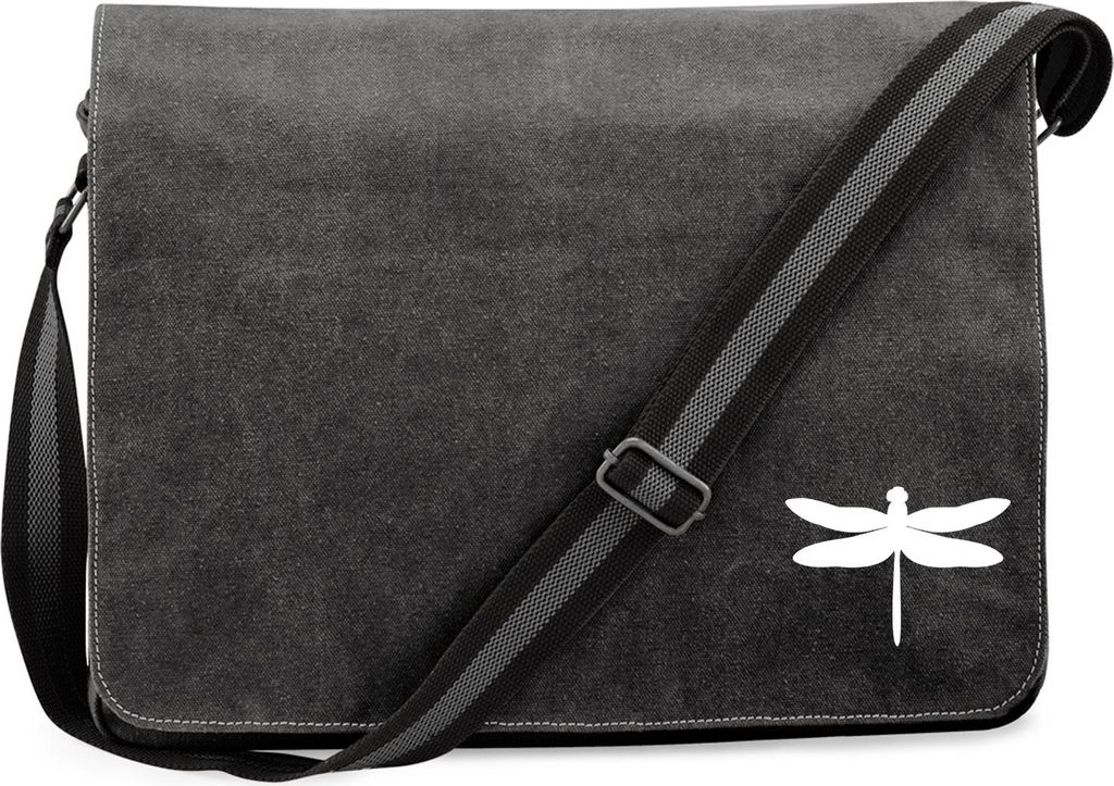 Huuraa Umhängetasche Libelle Silhouette 14 Liter Black Canvas Laptoptasche Geschenkidee