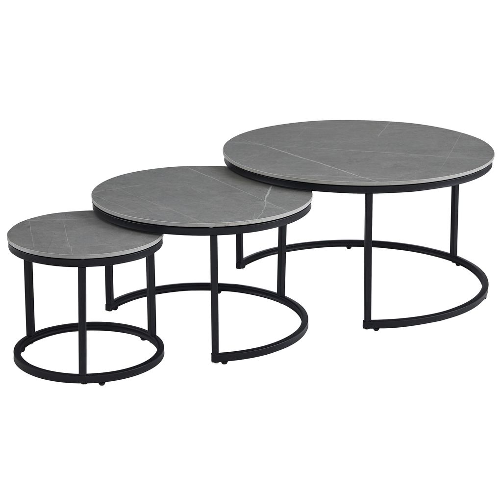 Casa Dolce MEANA Satztisch, Grau, 3er-Set, Ø 80x42 - 60x38 - 40x34 cm, Keramiktischplatte, Marmormuster, Metallfüße