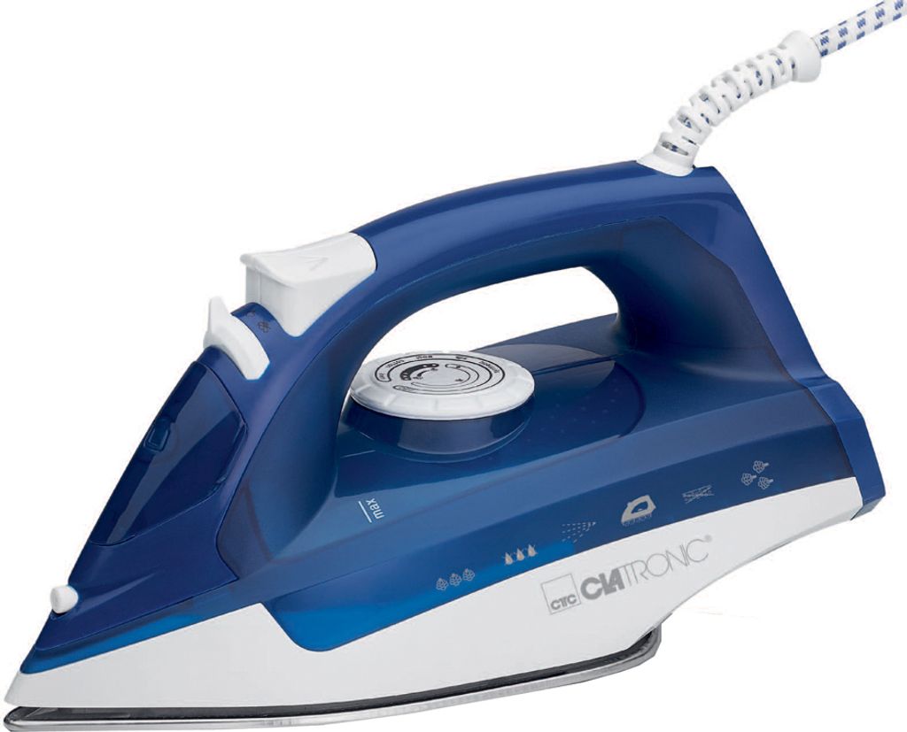 Product shot of a blue and white steam iron on a white background.