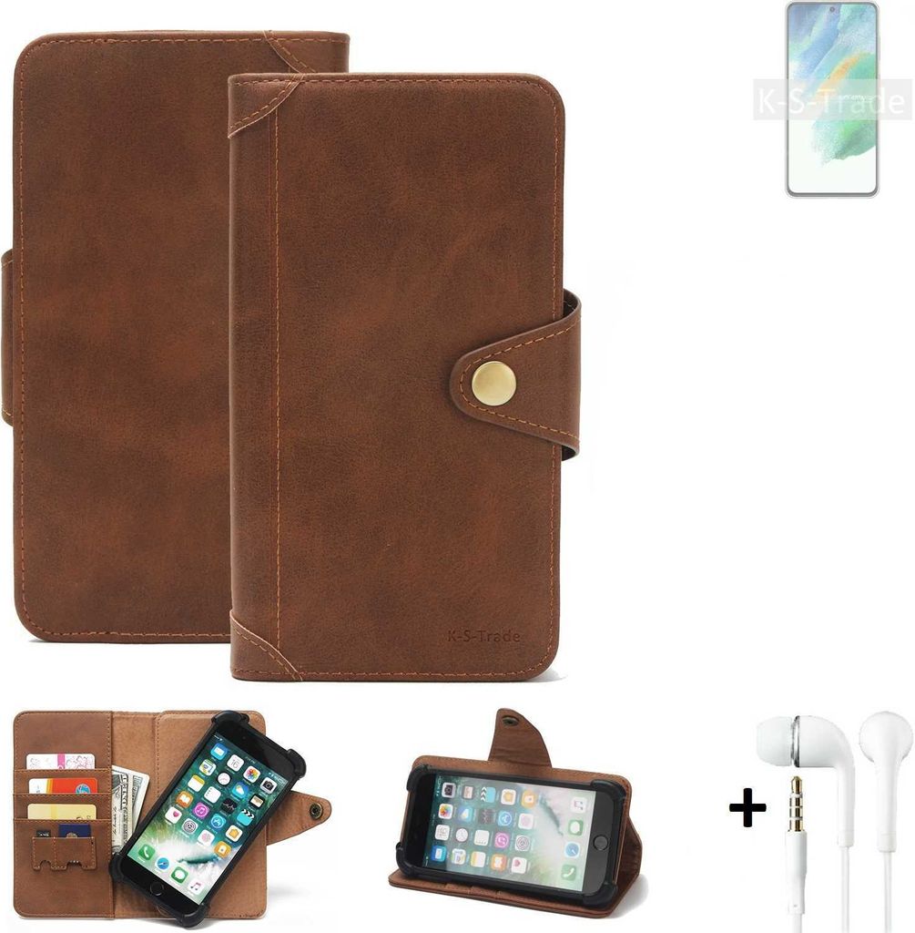 K-S-Trade Handyhülle + Kopfhörer für Samsung Galaxy S21 FE Exynos Schutz Hülle Walletcase Bookstyle Tasche Case Handytasche Wallet Flipcase Cover