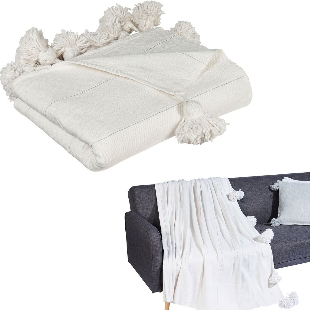 Marrakesch Handgemachte Marokkanische Tagesdecke Beige aus Wolle 280cm x 185cm für Bett und Sofa, Boho Style mit Fransen