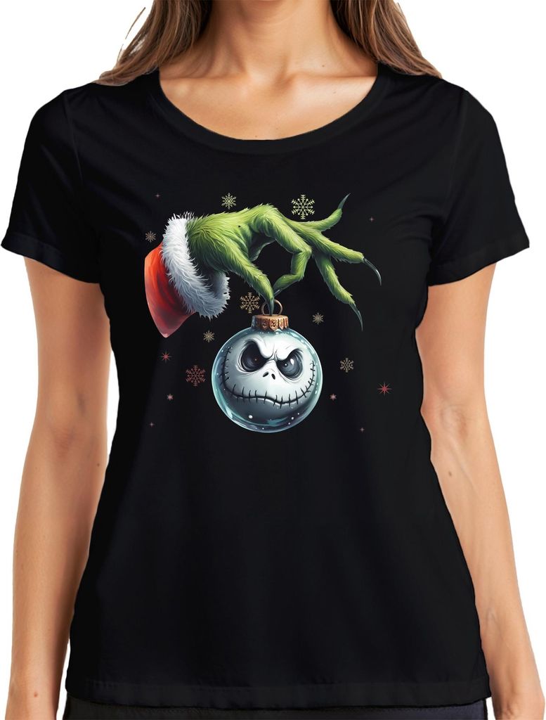 Grinch Hand Jack Skellington Weihnachtskugel düster Retro Damen T-Shirt, Schwarz, L