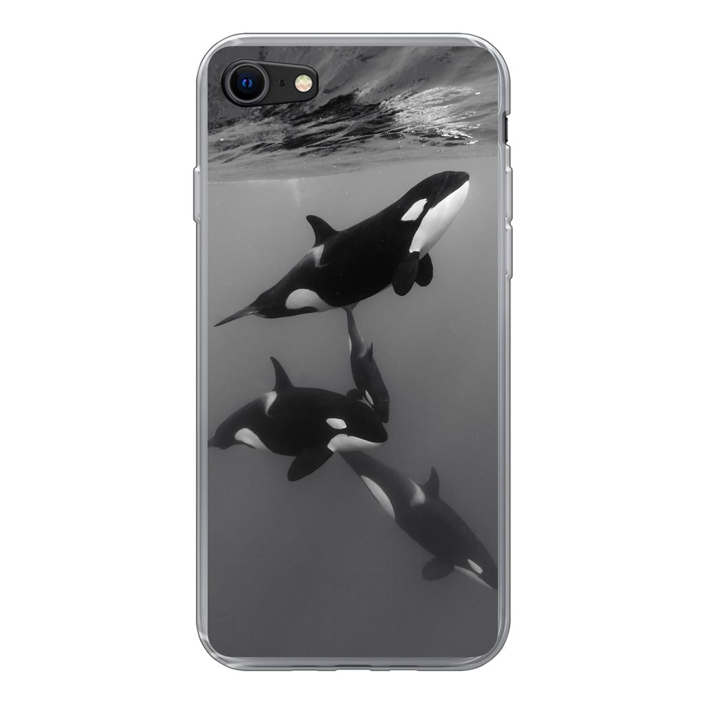MuchoWow Handyhülle Schutzhülle Hülle für iPhone SE 2022 Orca - Wasser - Schwarz - Weiß Silikon Softcase Handy Hülle - Schutzhülle