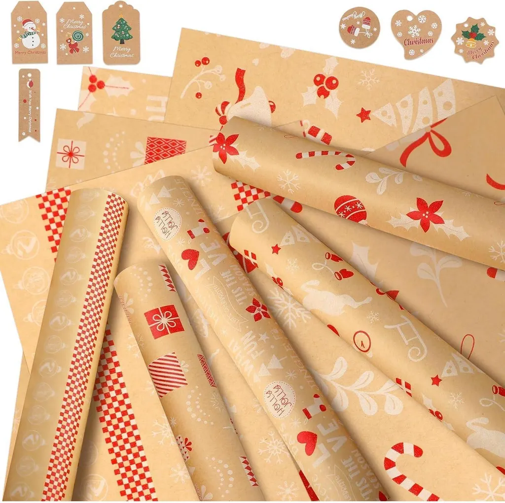Rouleaux Papier Cadeau Kraft Noël Résistant 2m x 43cm avec Étiquettes