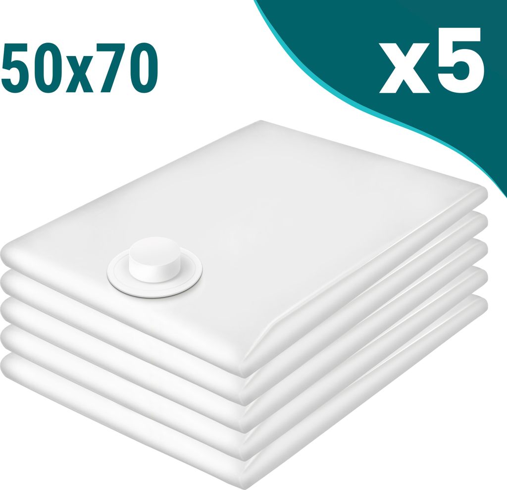 A stack of five white vacuum seal bags for clothing, with a valve visible on the top bag.