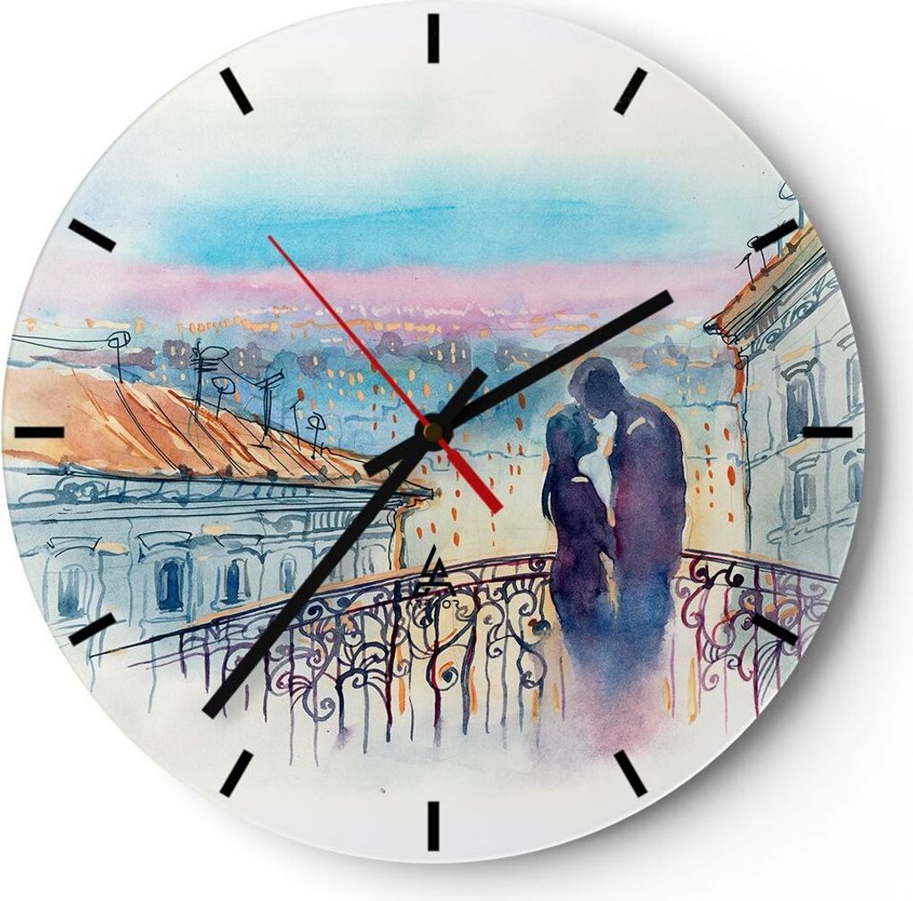 Wanduhr - Rund - Glasuhr - Paar Liebe Stadt Brücke - 40x40cm - Schleichendes Uhrwerk - Lautlos - zum Aufhängen bereit - Dekoration Modern - Wandd...
