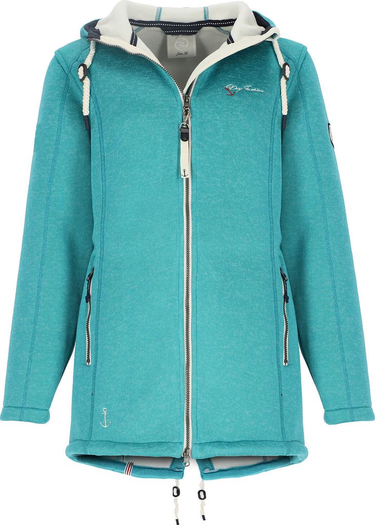 Dry Fashion Damen Wollfleece-Mantel Amsterdam mit taillierten Schnitt - Fleecemantel mit verstellbarer Kapuze in Türkis Größe 36