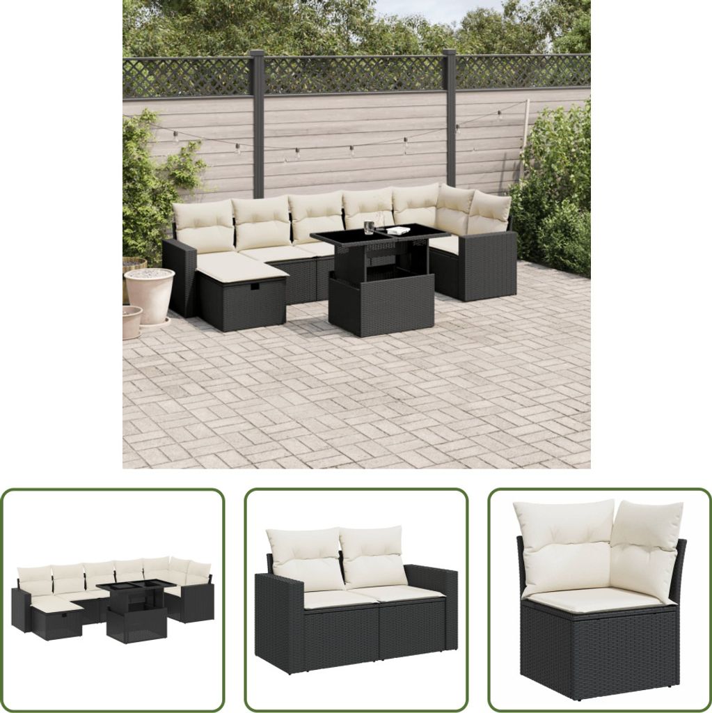 The Living Store 8-tlg. Garten-Sofagarnitur mit Kissen Schwarz Poly Rattan