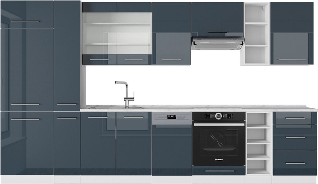Küchenzeile Vicco Fame-Line Dunkelblau Hochglanz/Weiß 355 cm , AP Marmor, Model 49361