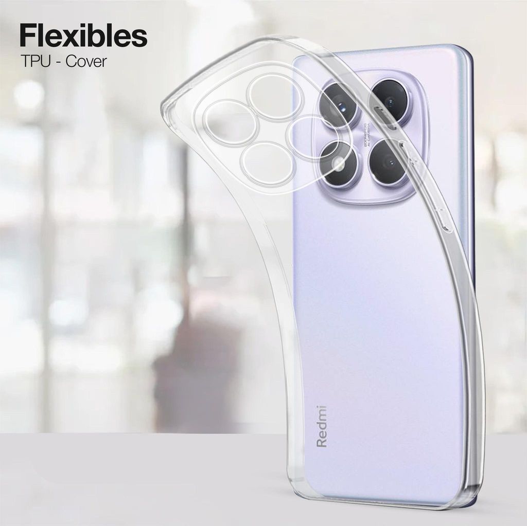 A clear TPU phone case is shown covering the back of a light purple smartphone.