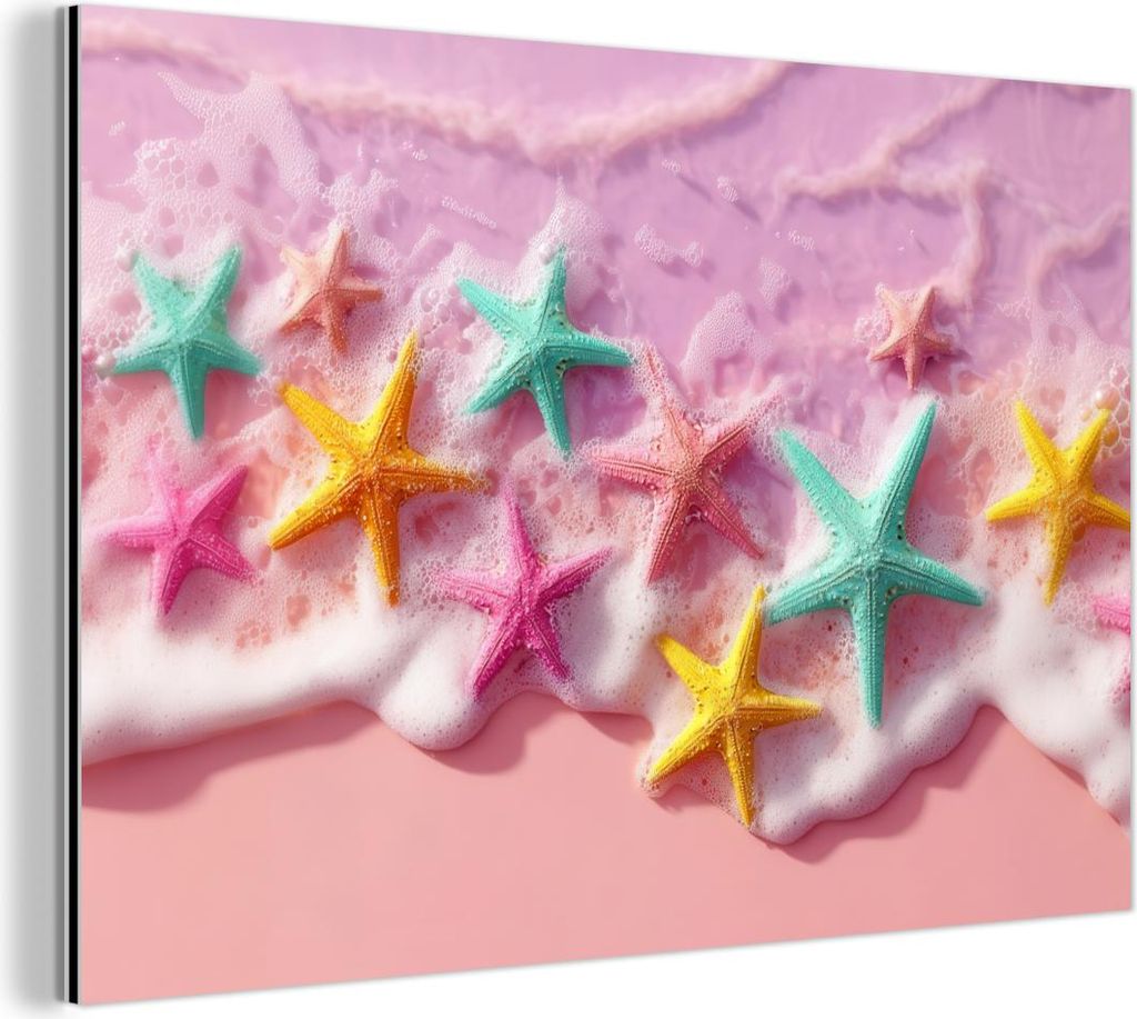 MuchoWow Wanddekoration Metall Metallbild Wandkunst 150x100 cm Seestern - Strand - Wellen MuchoWow Aluminium Gemälde - Alu Dibond Bild