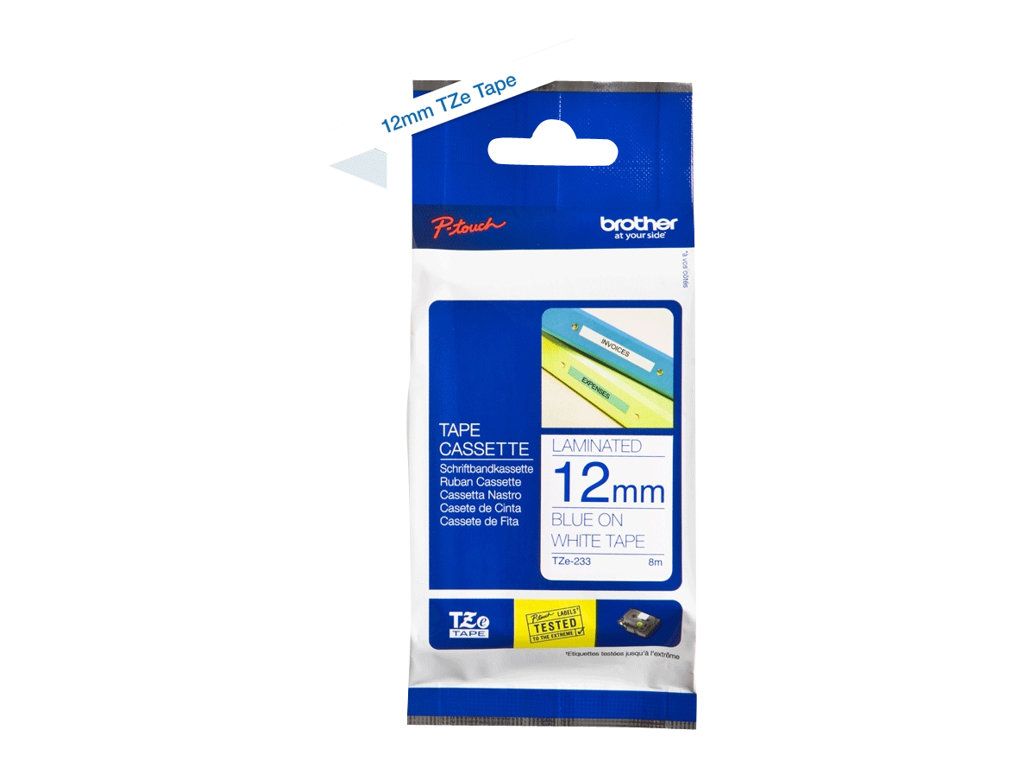 Schriftbandkassette Brother 12mm weiß/blau TZE233