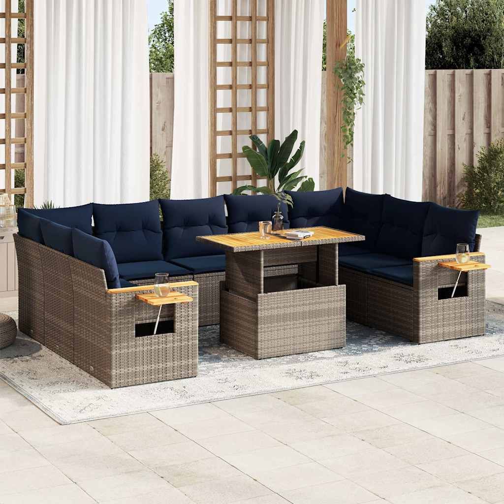 "Rabatt" 10-tlg. Garten-Sofagarnitur - mit sofa - mit Kissen Grau Poly Rattan Akazie - Lounge-Dining set CC12153