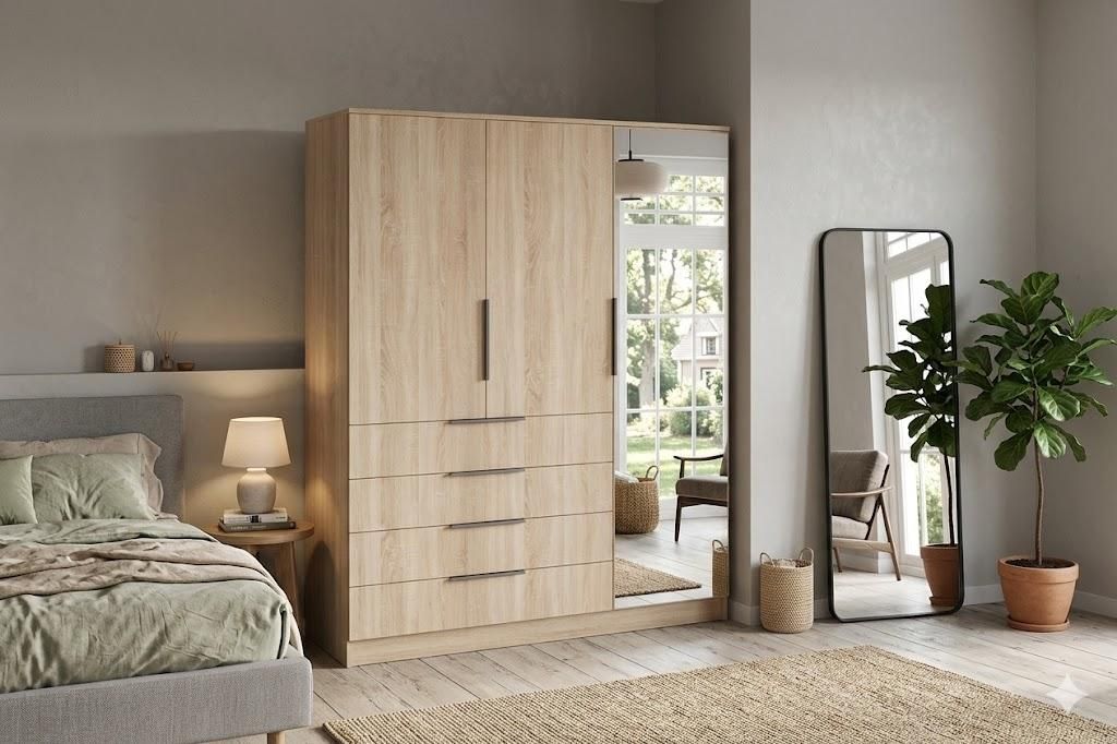 Bogota Kleiderschrank mit Drehtüren, Schubladen und Spiegel - Sonoma Eiche - 150 x 61 x 215 cm