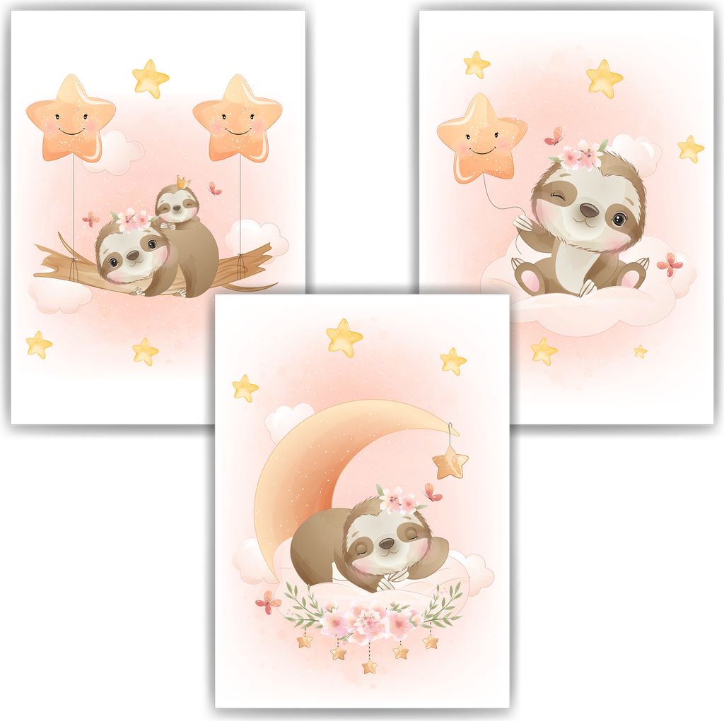 3er Set Poster für Kinderzimmer Bilder Babyzimmer Babyparty Kinderposter Faultier – DIN A3 (29.7x42cm)