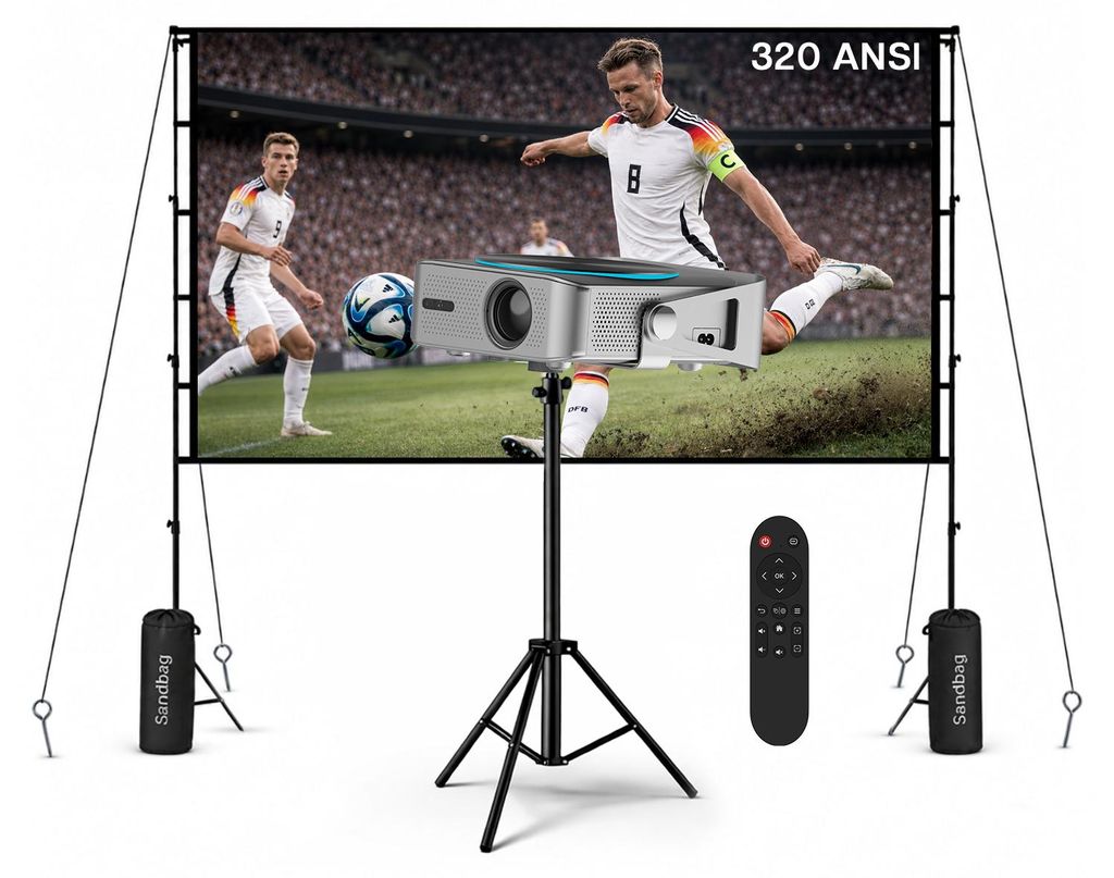 Beamer mit WiFi, Bluetooth, 100 Zoll Projektionsleinwand, Stativ, 1080P etc.