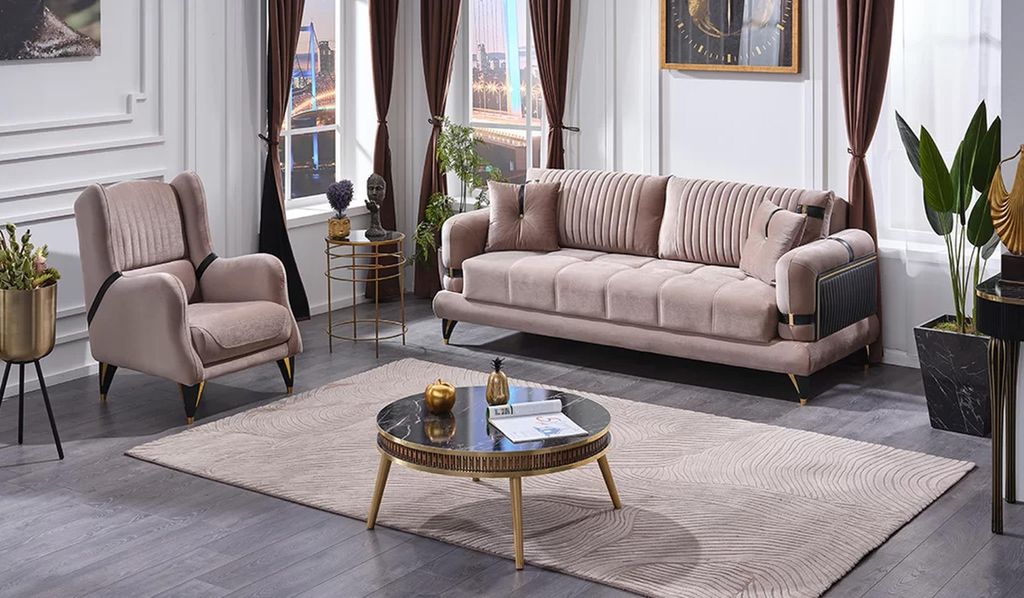 Couchgarnitur Sofa Set 3+1 Sitzer Modern Wohnzimmer Beiige Polstermöbel