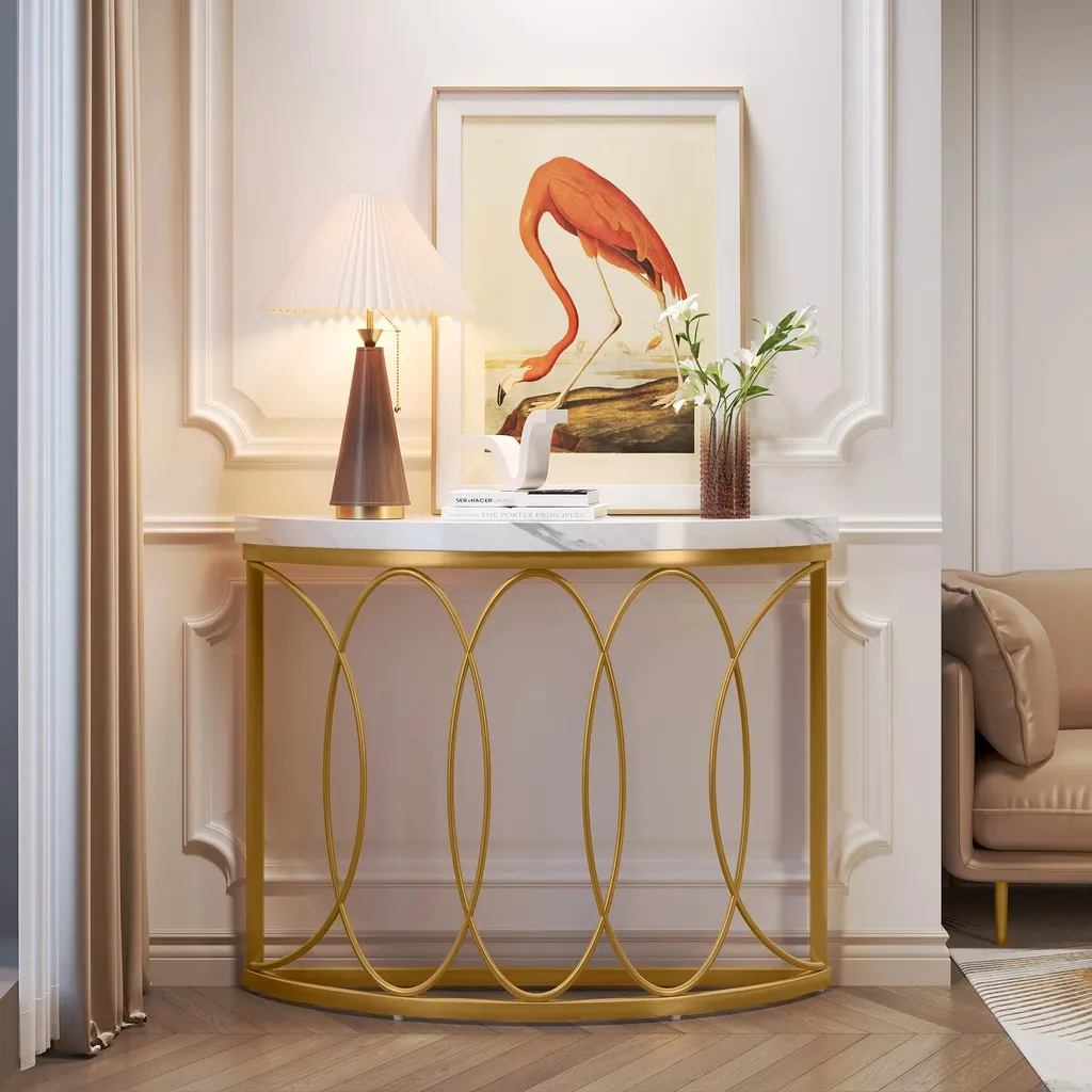 Console dorée au design géométrique 110 cm table d'appoint demi-lune