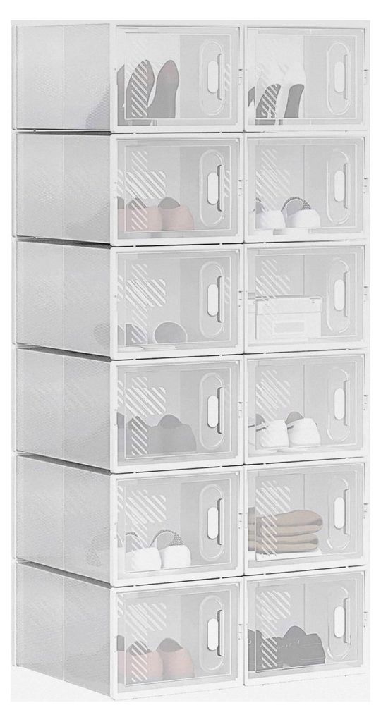 Schuhregal mit 12 stapelbaren Schuhboxen, Schuhschrank Regalsystem mit Magnetverschluss, Steckregal aus Kunststoff, DIY 25x19x35 cm, transparent weiß