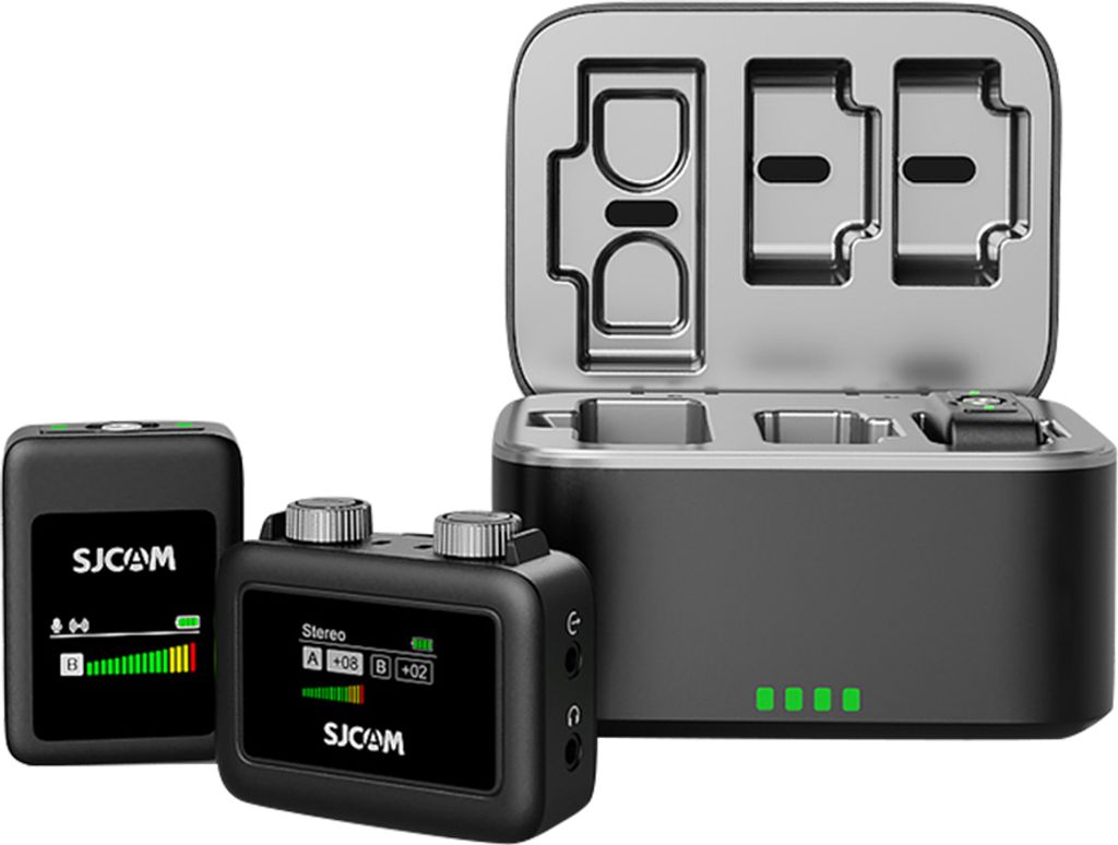 SJCAM M1 Drahtloses Mikrofonsystem mit 1 Empfaenger und 2 Mikrofonen, LCD-Bildschirm, 50 m uebertragungsreichweite, integrierter Akku mit Ladehuell...
