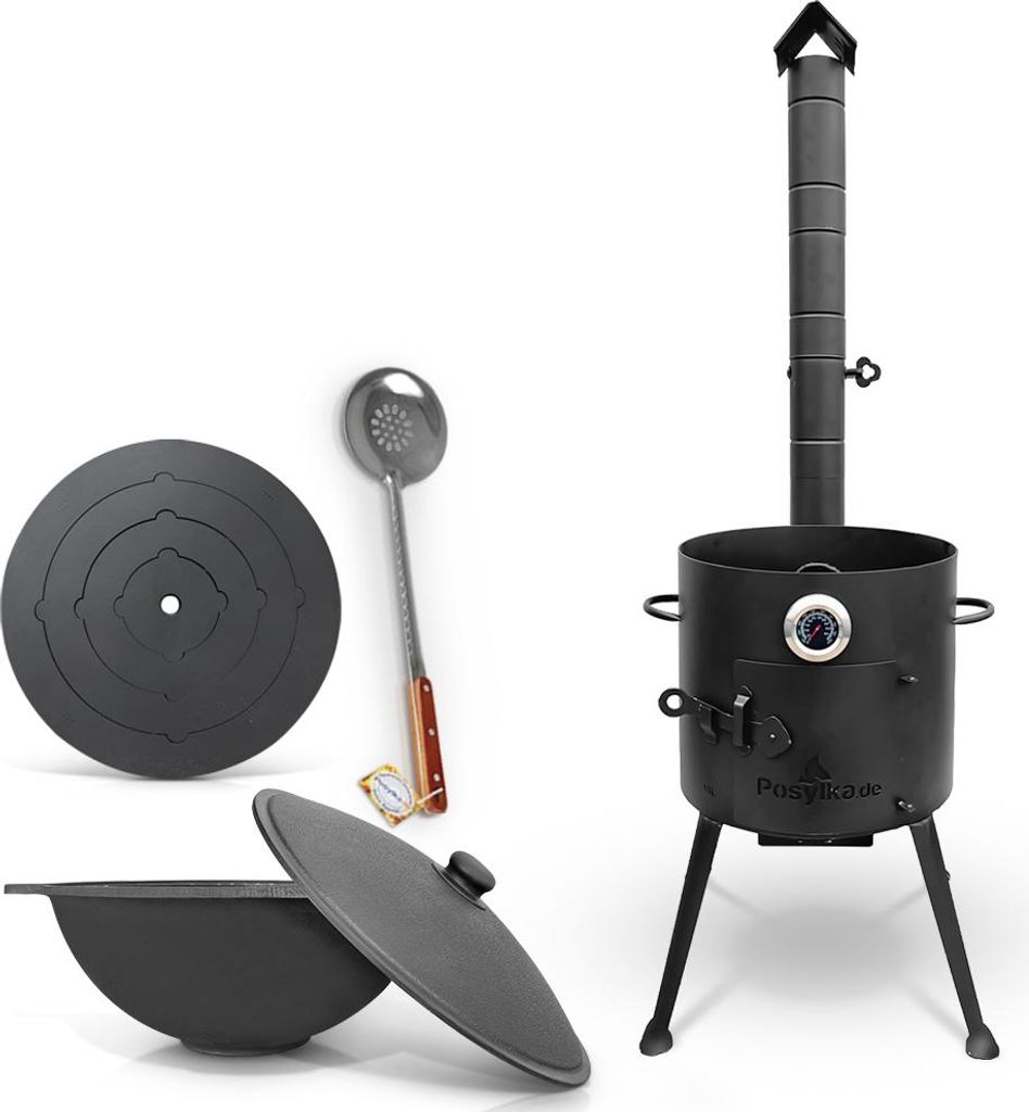 Feuerofen 36cm Utschak Uchag mit Usbekische Kazan 10 L, Herdplatte, Schaumlöffel