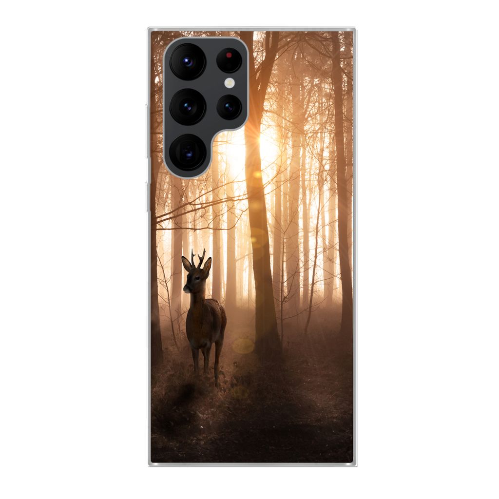 MuchoWow Handyhülle Schutzhülle Hülle für Samsung Galaxy S22 Ultra Wald - Hirsche - Sonne - Bäume - Winter - Natur - Tiere Silikon Softcase ...
