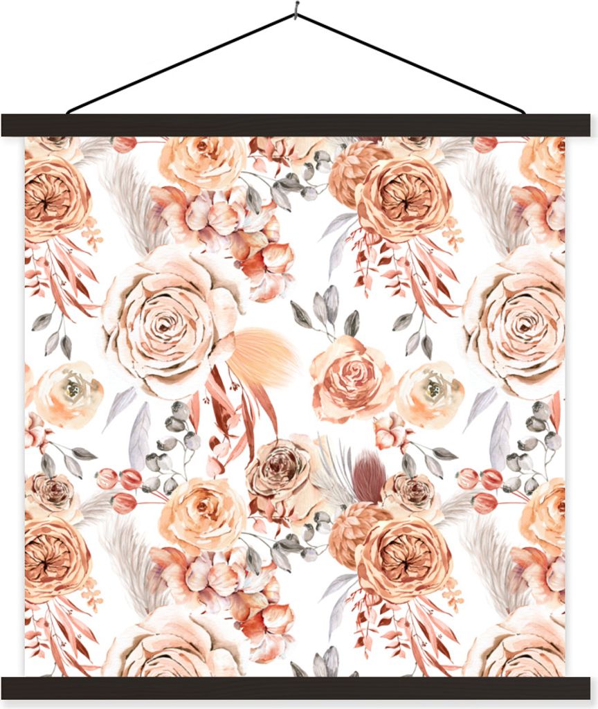 MuchoWow Textilposter Blumen - Bohème - Muster 90x90 cm mit schwarzem Rahmen - Magnetisches