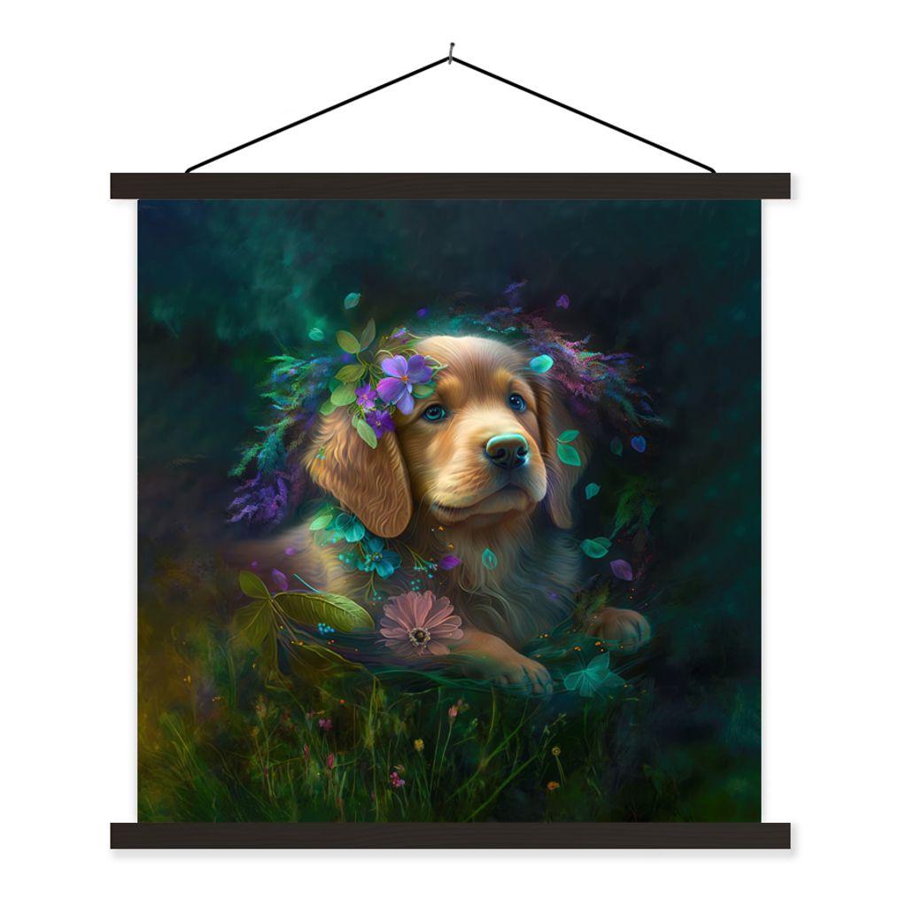 MuchoWow Textilposter Hund - Welpe - Blumen - Natur - Golden Retriever 120x120 cm mit schwarzem Rahmen - Aufhängungsset