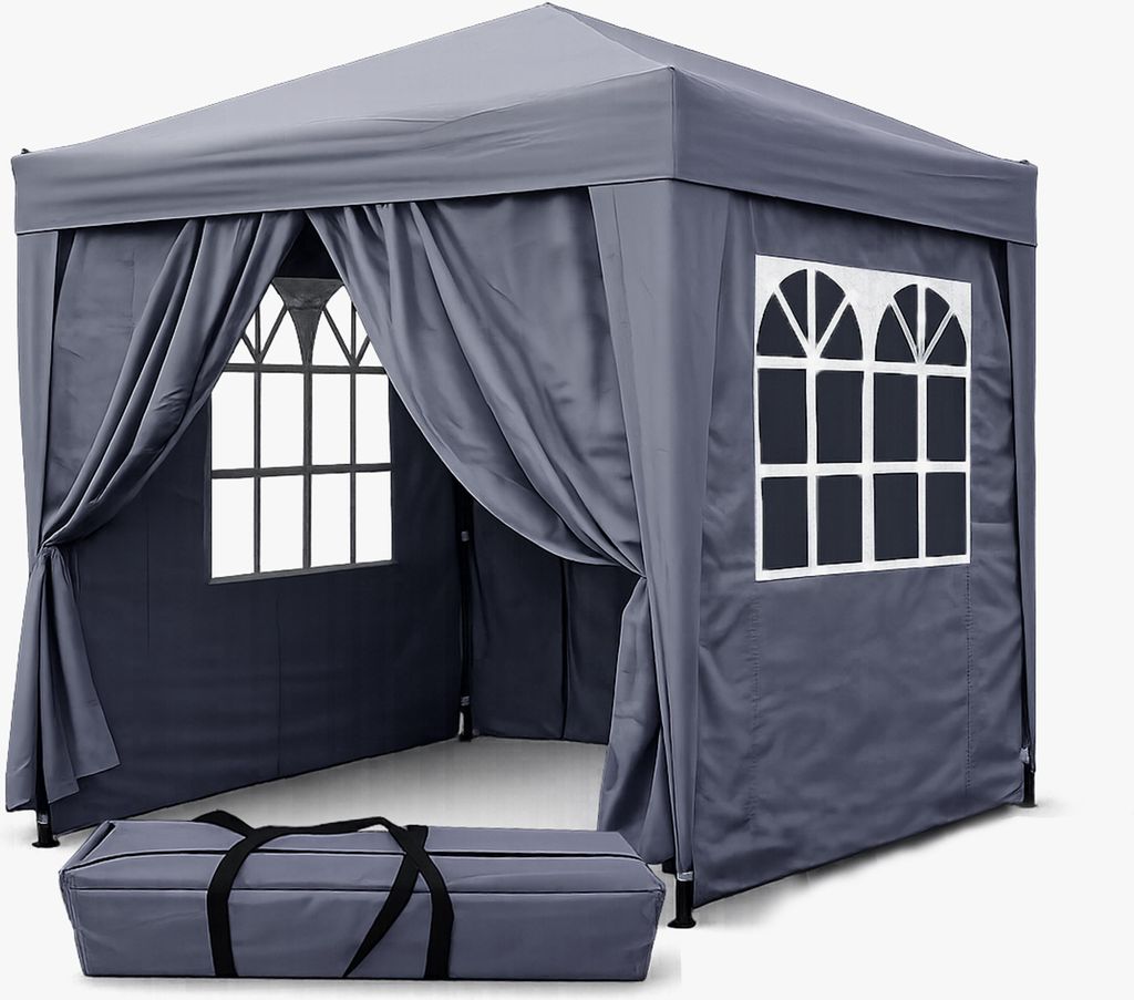 FCH Pop-Up-Pavillon 2 x 2 m Smoky Grau mit 4 Easy-Klett Seitenwänden 2 mit Reißverschlüssen
