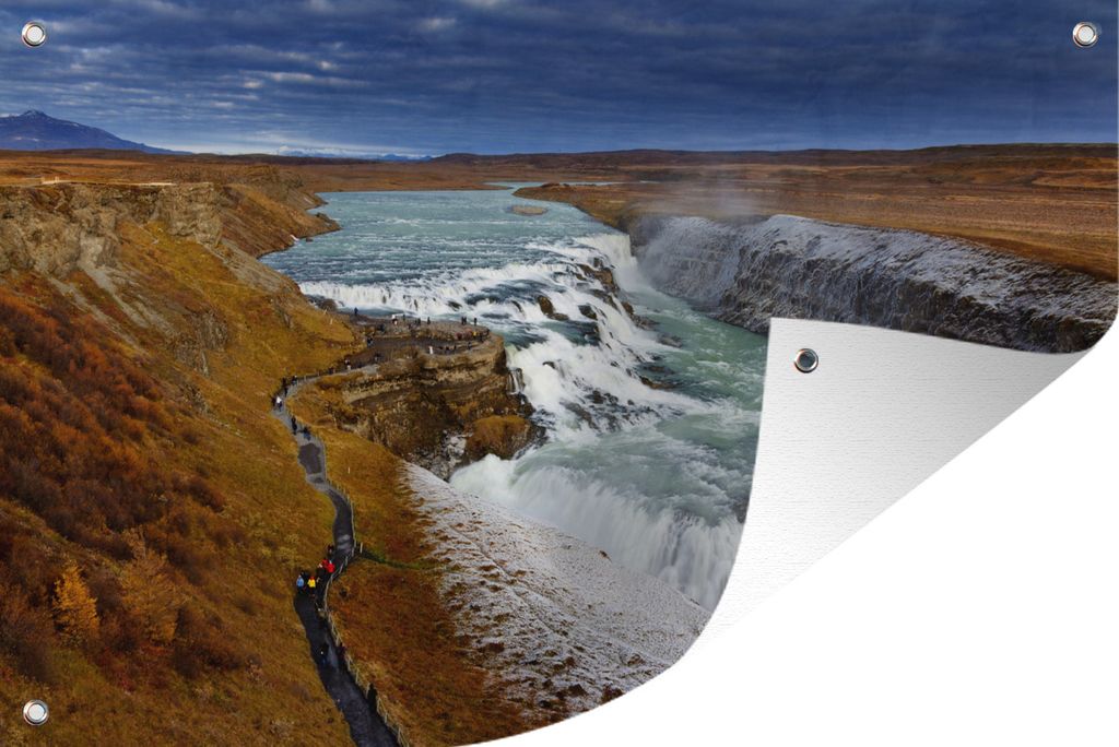 MuchoWow 120x80 cm Outdoor-Poster Gartendeko Sichtschutz Garten Poster für den Garten Dunkler Himmel am Gullfoss-Wasserfall in Island