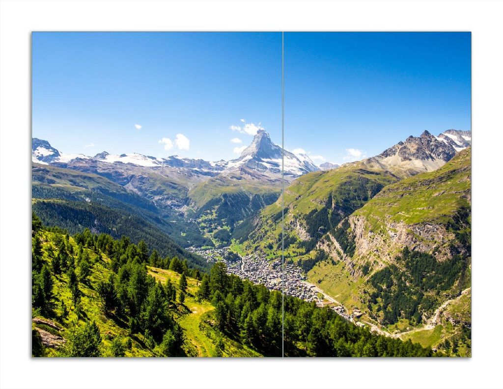 Wallario Herdabdeckplatte aus Glas, Größe 70 x 52 cm 2-teilig, Motiv Sommerliches Alpenpanorama