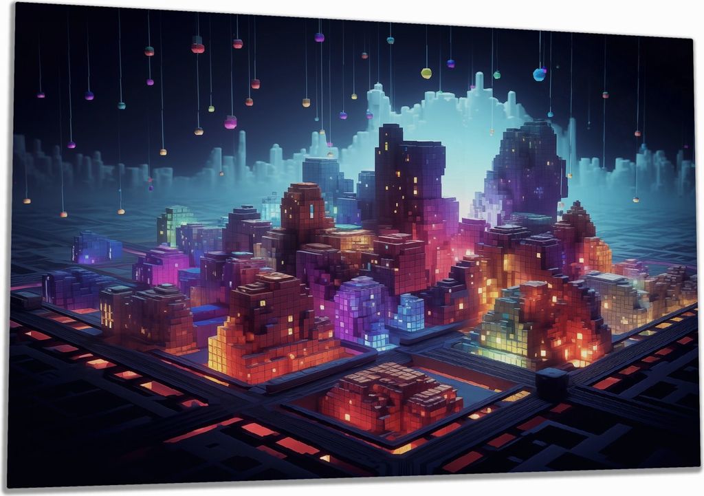 Wallario Herdabdeckplatte aus Glas, Größe 80 x 52 cm 1-teilig, Motiv Leuchtende Pixelstadt