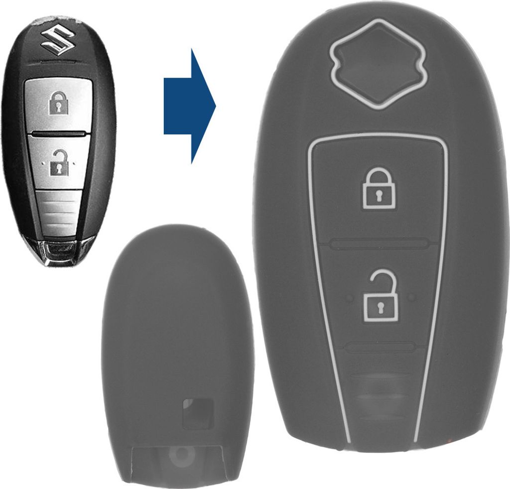 Auto Schlüssel Silikon Schutz Hülle Grau kompatibel mit Suzuki Swift Vitara Ignis Jimny Baleno SX4 2 Tasten KEYLESS SMARTKEY
