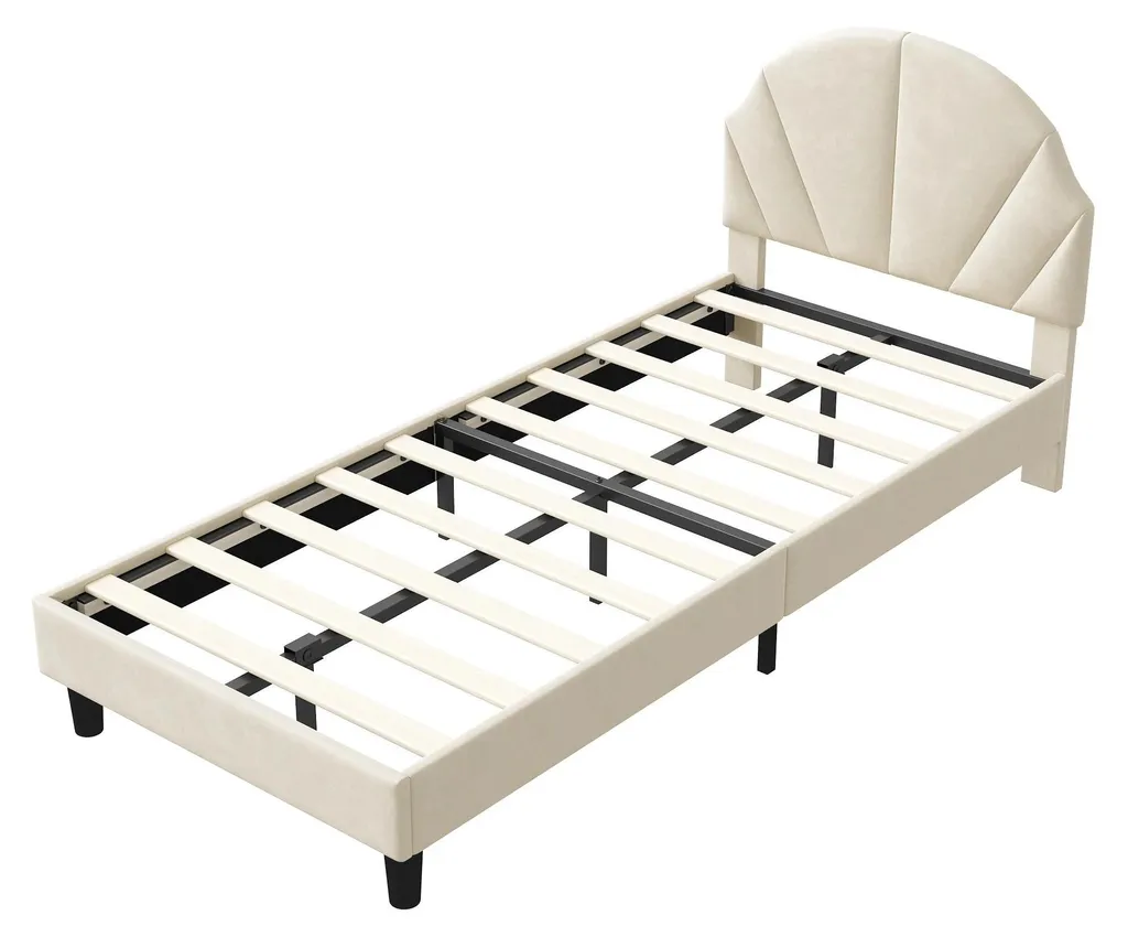 Lit d'enfant 90x200 cm - Lit rembourré en velours beige tête coquillage