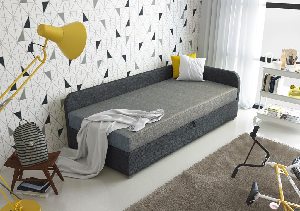Roe Furniture | Tagesbett - UNO - 90x200 cm - Graphit&Grau - Jugendbett - Linke - Bett mit Bettkasten - Boxspringbett - Taschenfederkern-Matratze