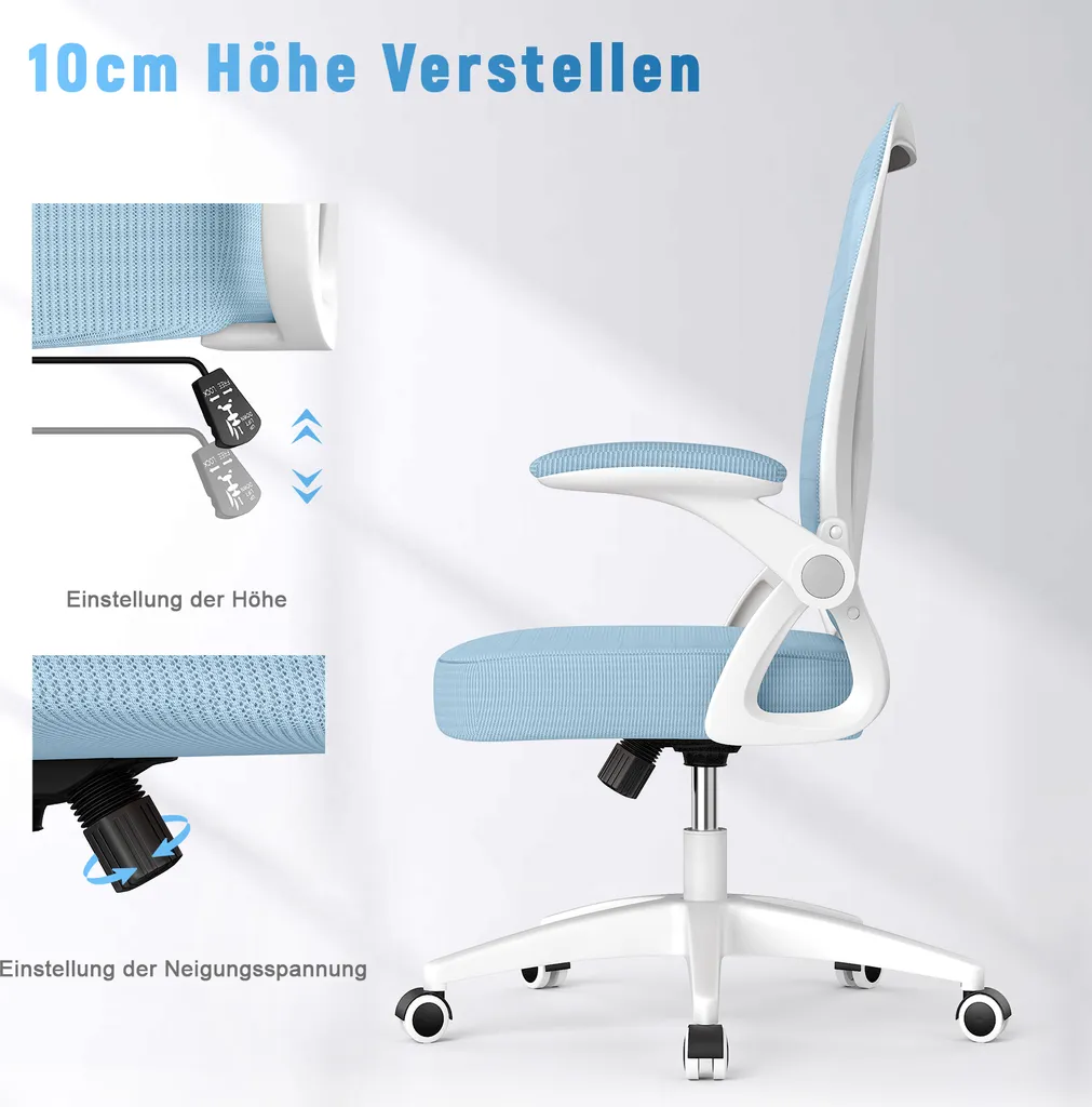 Fauteuil de bureau pour télétravail, chaise ergonomique bleue gain de place - 8