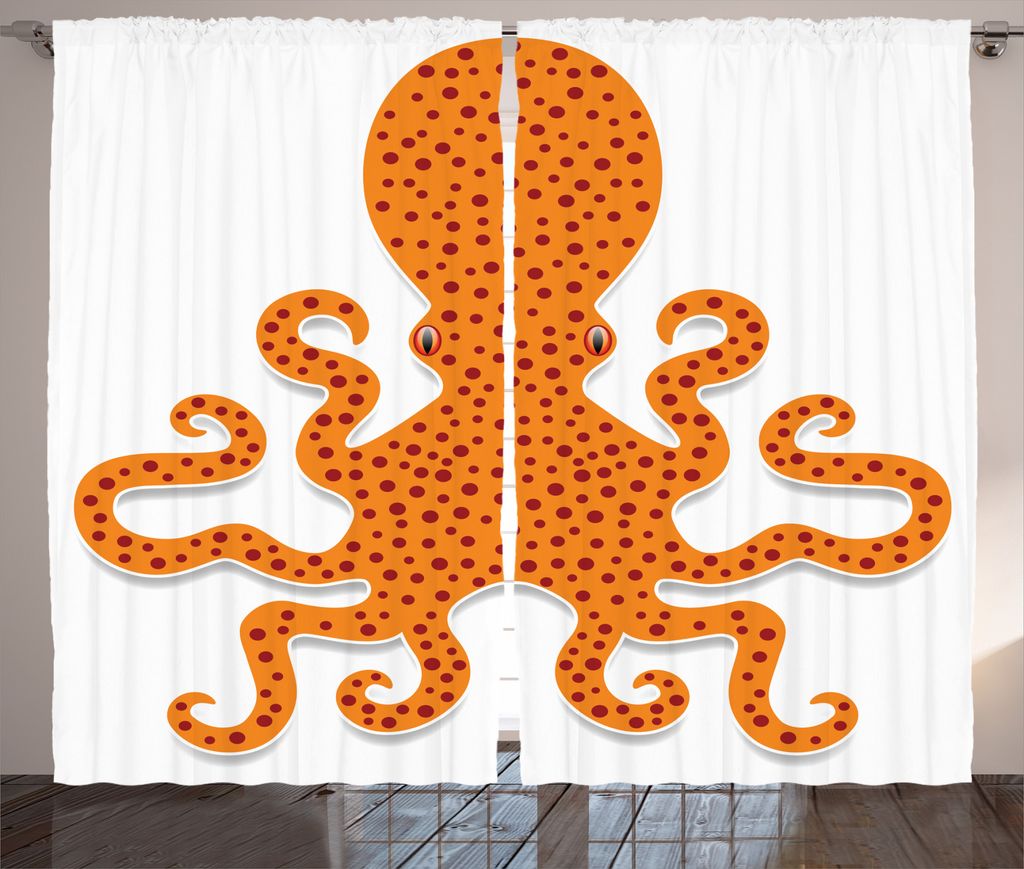 ABAKUHAUS Leben im Meer Rustikaler Gardine, Octopus Meer Mosters, Schlafzimmer Kräuselband Vorhang mit Schlaufen und Haken, 280 x 175 cm, Orange