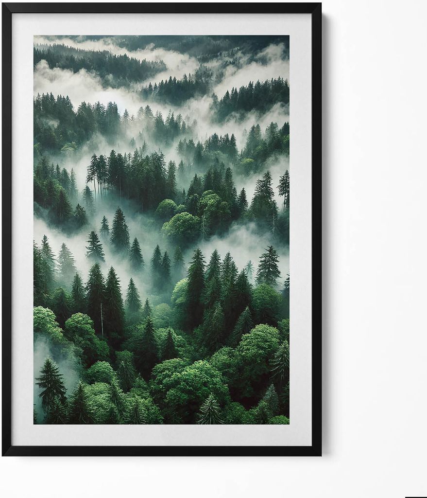 Landschaft mit Morgennebel im Wald– Wandbild mit Rahmen – Gerahmtes Bild – Wanddekoration – 70x100 cm – Schwarz Rahmen